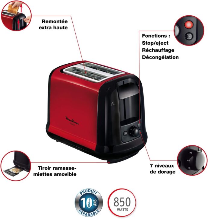 ⁦MOULINEX Subito Grille pain 2 fentes rouge toaster Thermostat 7 position Décongetaion Rechauffage Remontrée extra haute LT260D11⁩ - الصورة ⁦2⁩